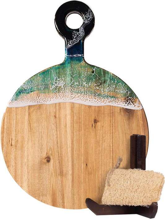 Acacia Wood Serving Board with Ocean Resin Art, 18.1" x 13" Charcuterie Cheese Tray for Display & Prep, Cutting Board on Back, Includes Stand & Loofah, Christmas Housewarming Gift (Round)