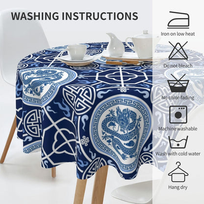 Chinoiserie Tablecloth Round, Traditional Zodiac Dragon Vintage Asian Style Oriental Luxury Water Resisitant Table Cover for Dining Kitchen Living Room Home Party Holiday Decor 70 inch Round