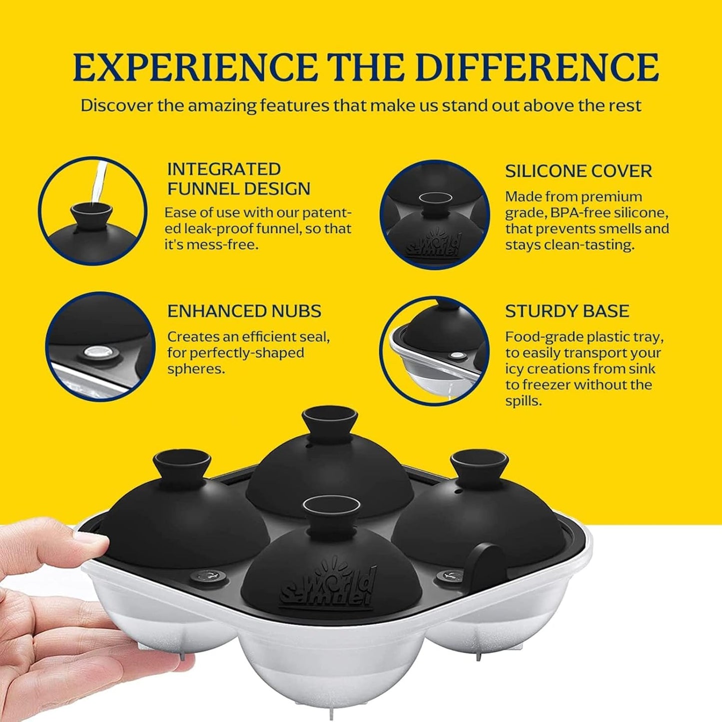 Samuelworld Large Silicone Premium Ice Trays, 2-Pack Combo, 2 Inches Big Ice Cube Tray & 2.5 Inches Large Ice Sphere - BPA Free, Craft Ice Maker for Gifting, Whiskey, Cocktails, Easy Release - Black