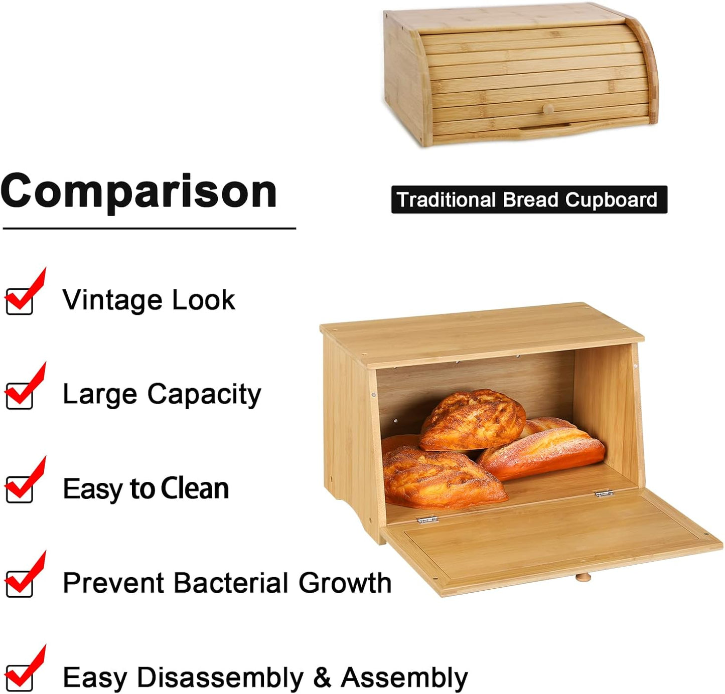 HOMEKOKO Vintage Large Wood Bread Box for Kitchen Counter, Retro Design Single Layer Bamboo Large Capacity Food Storage Bin (Natural Bamboo)