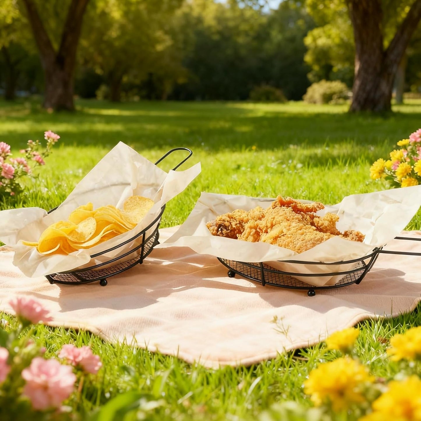 12 Pack French Fries Baskets, Black Iron Serving Baskets with Handles, Oval Mesh Food Presentation Trays with 50 Deli Papers, Fried Food Bowls, Small Fryer Holders for Parties, BBQ, Kitchen