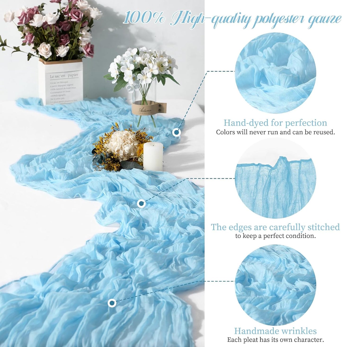 15 Packs Cheesecloth Table Runner Light Blue,10 Ft Rustic Gauze Boho Wedding Table Runner Decoration,Wedding Table Decor Table Cloth for Wedding Party Bridal Shower Table,21.5x120in