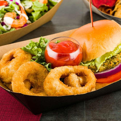 Restaurantware Bio Tek 2-pound Food Boats 200 Disposable Paper Food Trays - Heavy-Duty Greaseproof Black Paper Food Boats For Snacks Appetizers Or Treats Use At Parties Or Carnivals