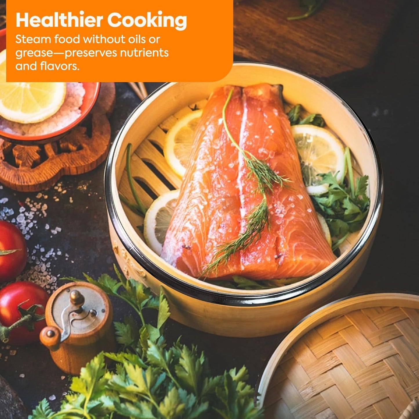 10 Inch Bamboo Steamer – 2 Tier Wooden Basket with Lid, Ring Adapter & Reusable Liners – Dumpling, Bao Bun, Dim Sum & Vegetable Steamer for Healthy Asian Cooking