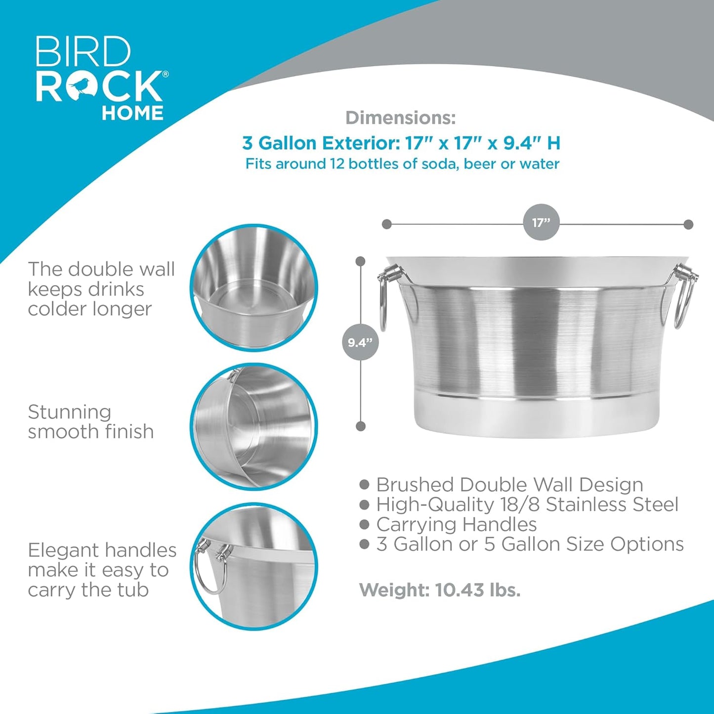 BirdRock Home Double Wall Round Beverage Tub | Stainless Steel | Small