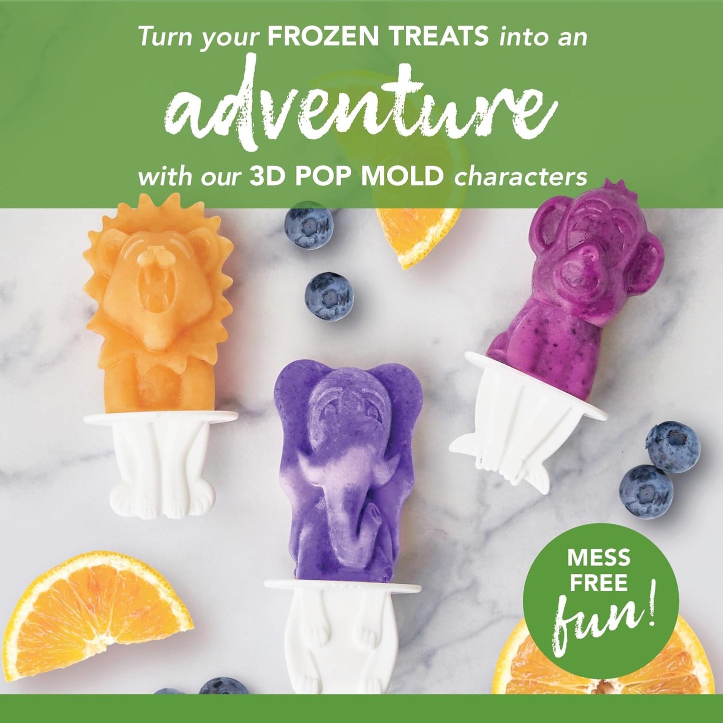 Tovolo Animal Popsicle Molds Zoo Crew Set of 4 Reusable Popsicle Molds with Sticks Bear Lion Monkey Elephant, BPA Free Silicone Pop Maker for Kids, Dishwasher Safe Animal Ice Molds for Frozen Treats