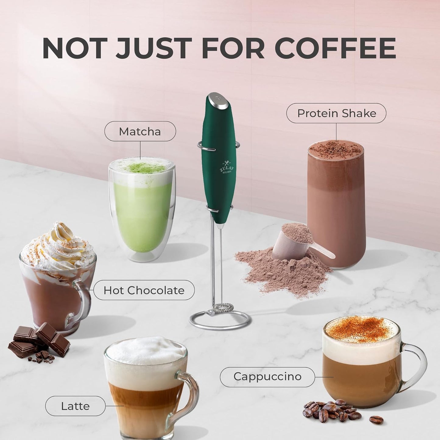 Zulay Kitchen Powerful Milk Frother Wand With 4 AA Duracell Batteries - Ultra Fast Handheld Drink Mixer - Electric Whisk Foam Maker for Coffee, Lattes, Cappuccino, Matcha & Creamer