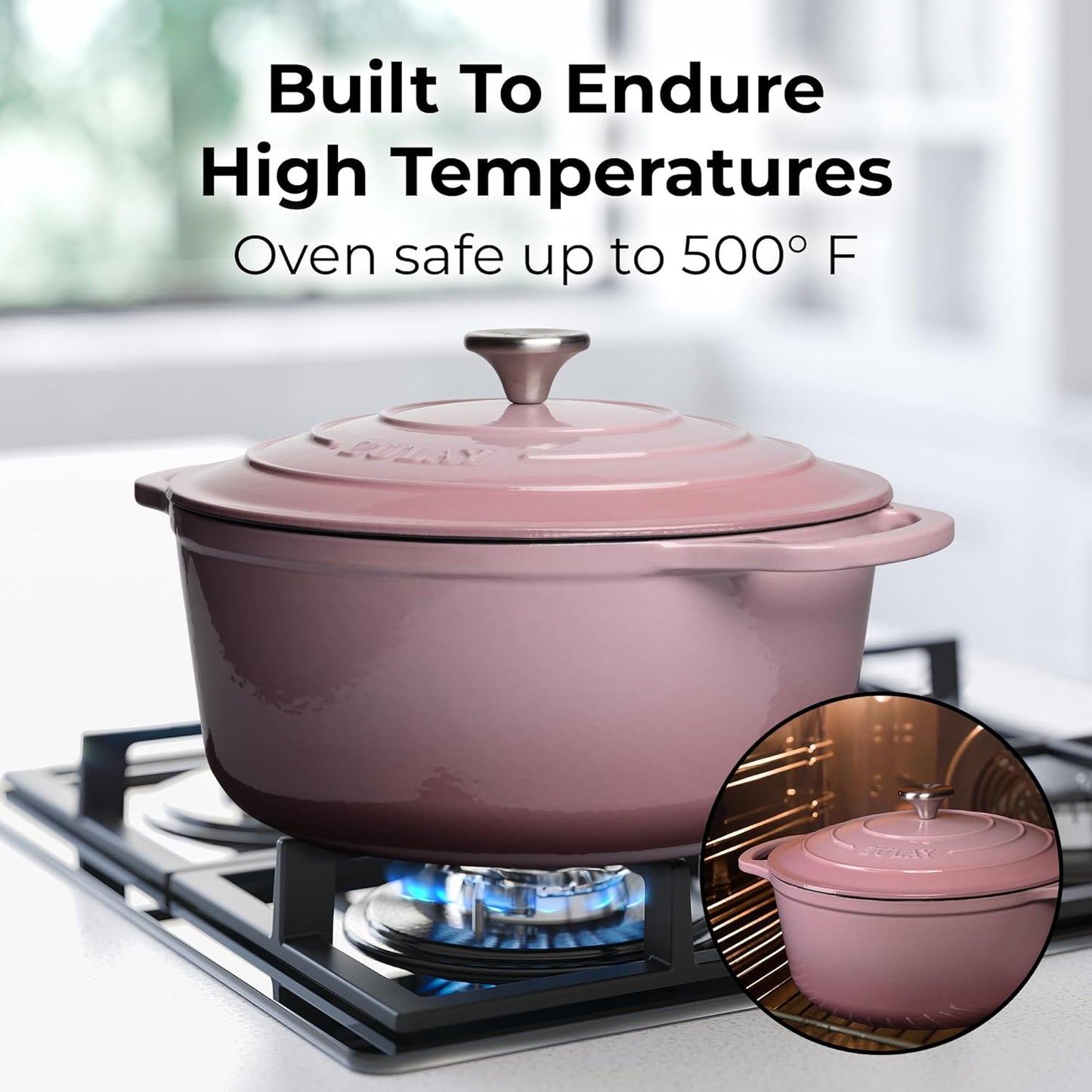 Zulay Kitchen 5 Quart Enameled Cast Iron Dutch Oven Pot with Lid – Premium Durability & Oven Safe up to 500°F – Heavy Duty Cookware Perfect for Bread Baking, Stews, Braising & Roasting – Pink