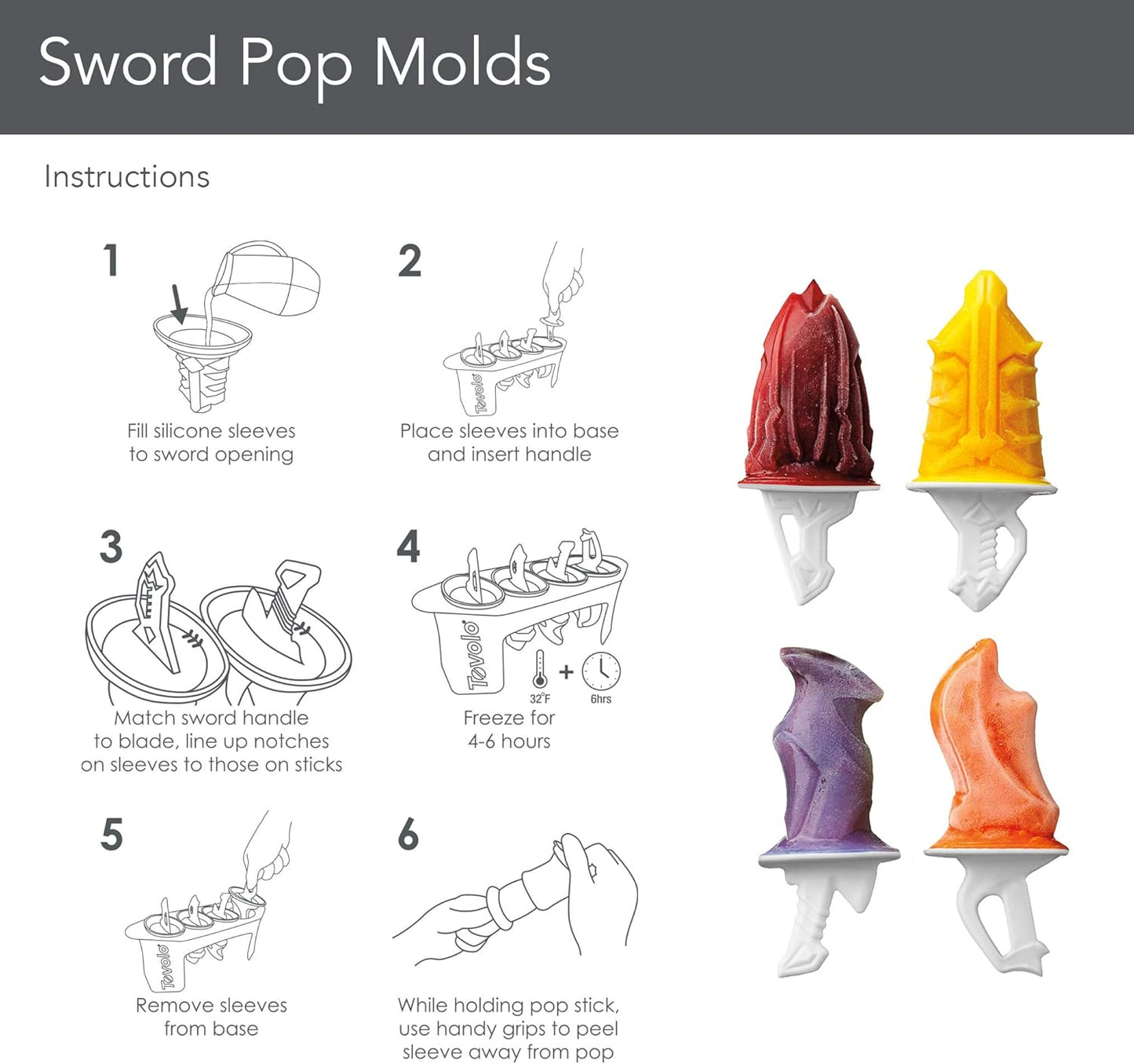 Tovolo Sword Ice Pop Molds Popsicle Maker, Flexible Silicone, Dishwasher Safe, Set of 4