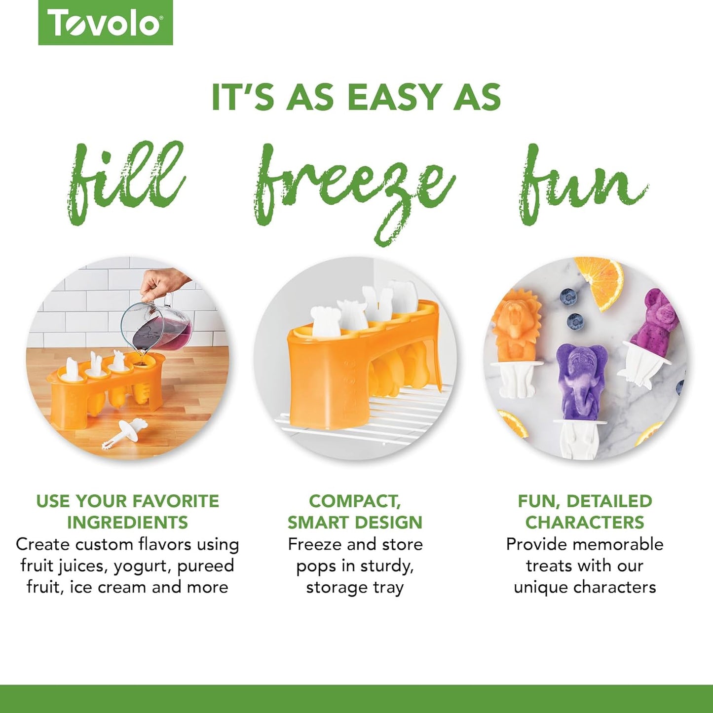 Tovolo Animal Popsicle Molds Zoo Crew Set of 4 Reusable Popsicle Molds with Sticks Bear Lion Monkey Elephant, BPA Free Silicone Pop Maker for Kids, Dishwasher Safe Animal Ice Molds for Frozen Treats