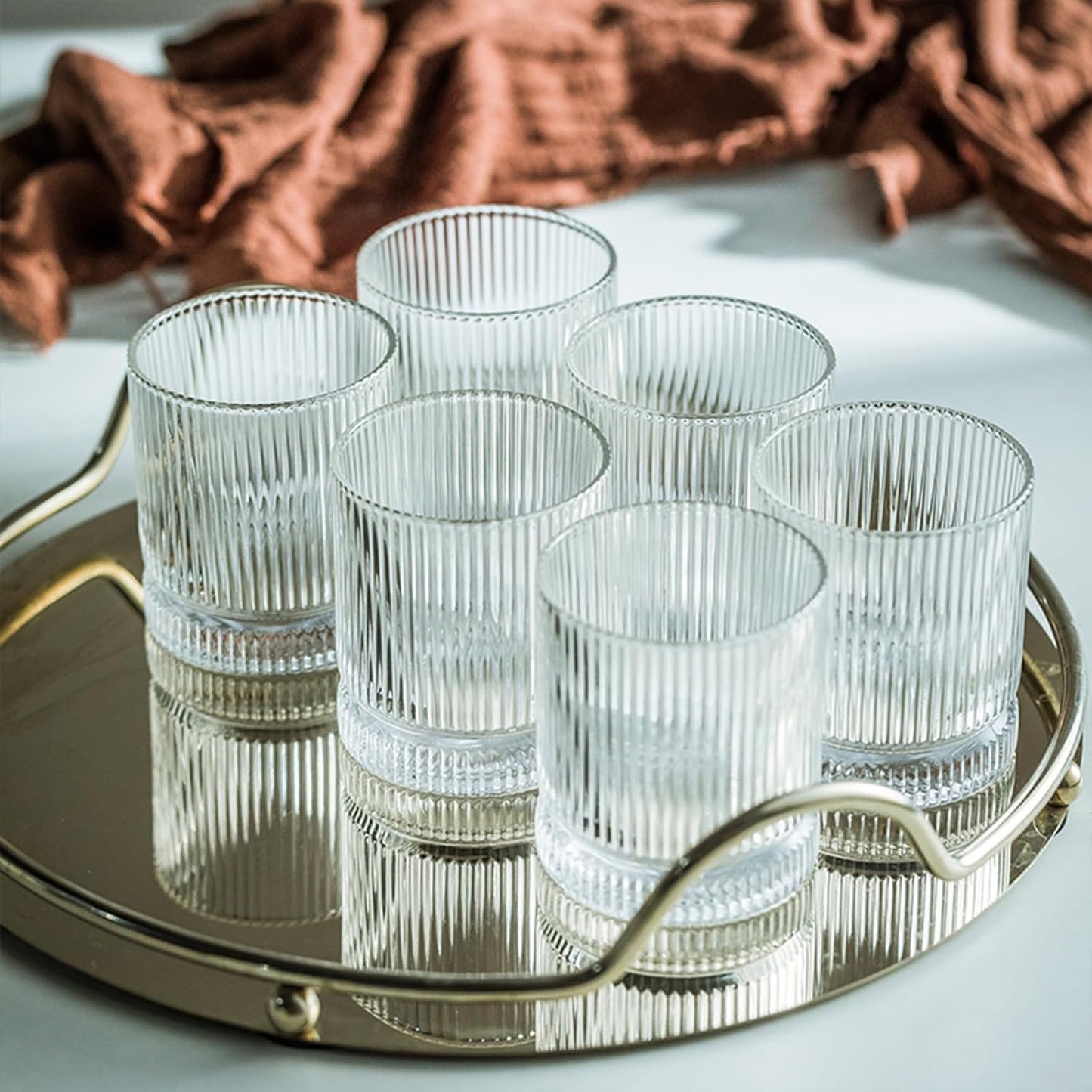 Ribbed Glass Cups Set, 13oz Vintage Drinking Glassware Set, 6 Piece Premium Glassware, Elegant Mixed Glassware Set, Origami Style Cocktail Glasses, Great for Whisky, Iced Coffee & Beverages (6PCS)