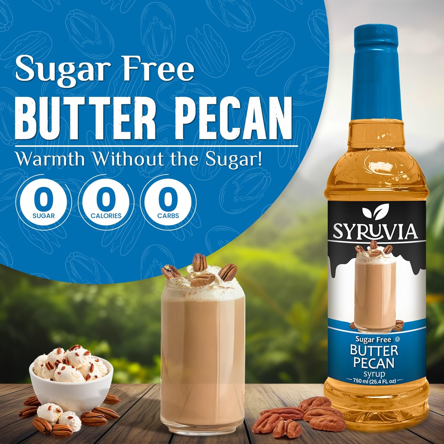 Syruvia Sugar Free Coffee Syrup, Butter Pecan Flavored Syrup for Drinks, Lattes, and Desserts – 25.4 fl oz