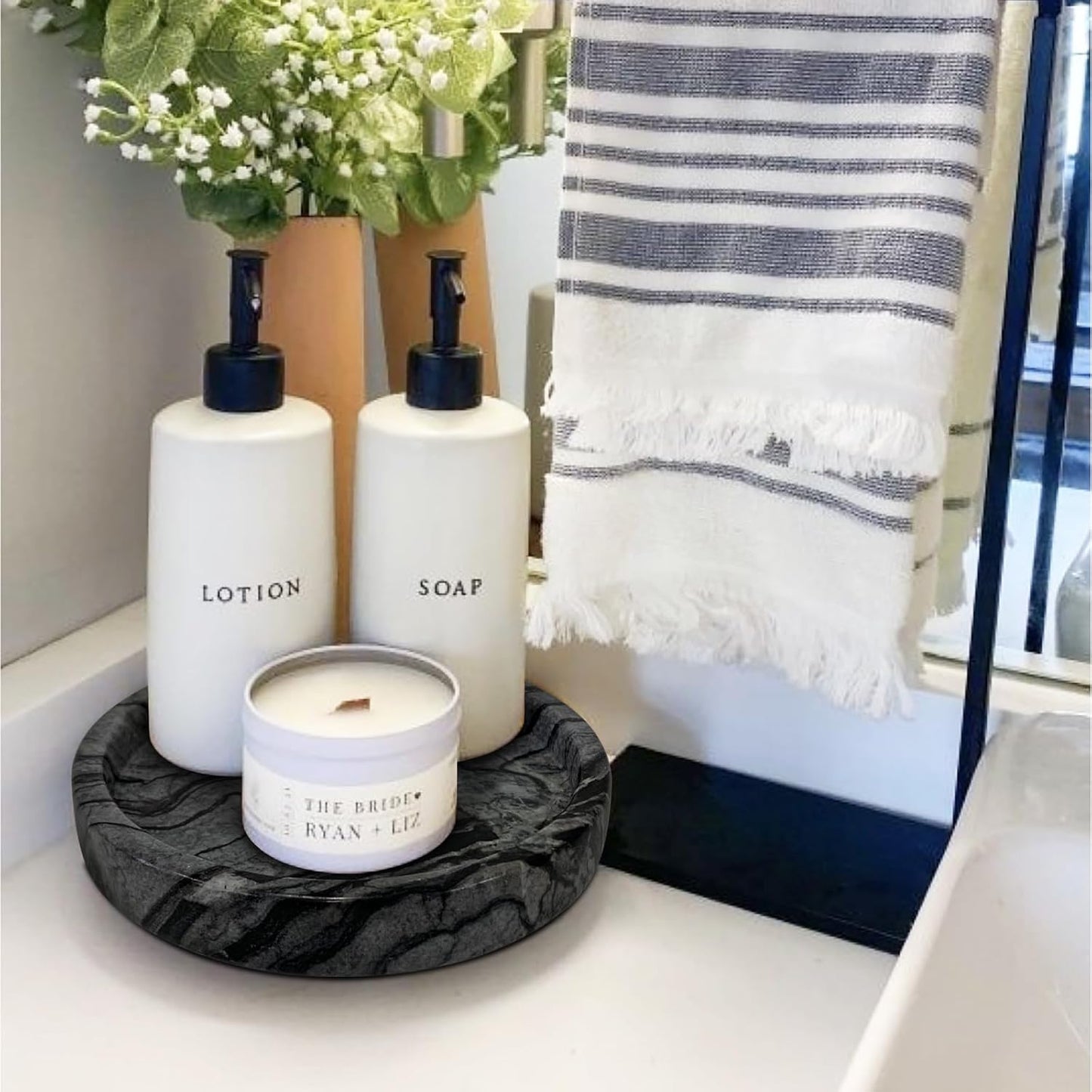 Travertine Tray, Small Ceramic Vanity Tray for Bathroom Counter Decor, Round Marble Decorative Trays for Coffee Table (Grey Black, Small Size)