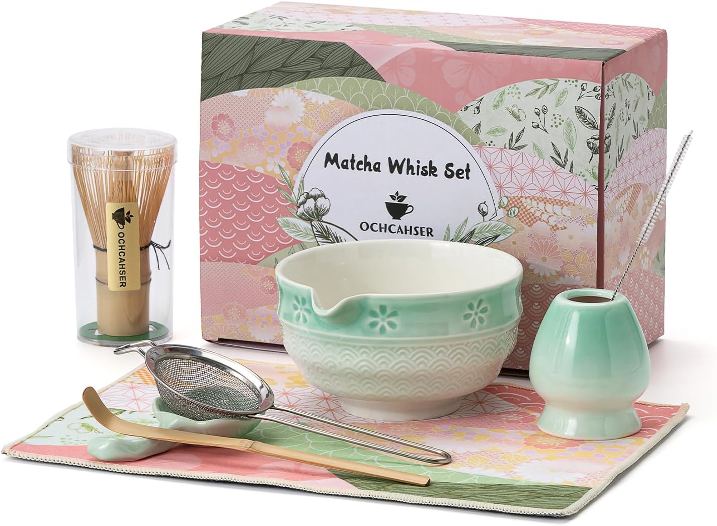Matcha Tea Set, 8 Pcs Japanese Matcha Kit with Cherry Blossom and Wave Design Ceramic Bowl, Bamboo Whisk, Whisk Holder, Scoop, Sifter, Brush, Matcha Kit Set for Matcha Lovers (Green Gradient)