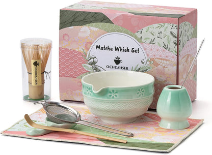 Matcha Tea Set, 8 Pcs Japanese Matcha Kit with Cherry Blossom and Wave Design Ceramic Bowl, Bamboo Whisk, Whisk Holder, Scoop, Sifter, Brush, Matcha Kit Set for Matcha Lovers (Green Gradient)