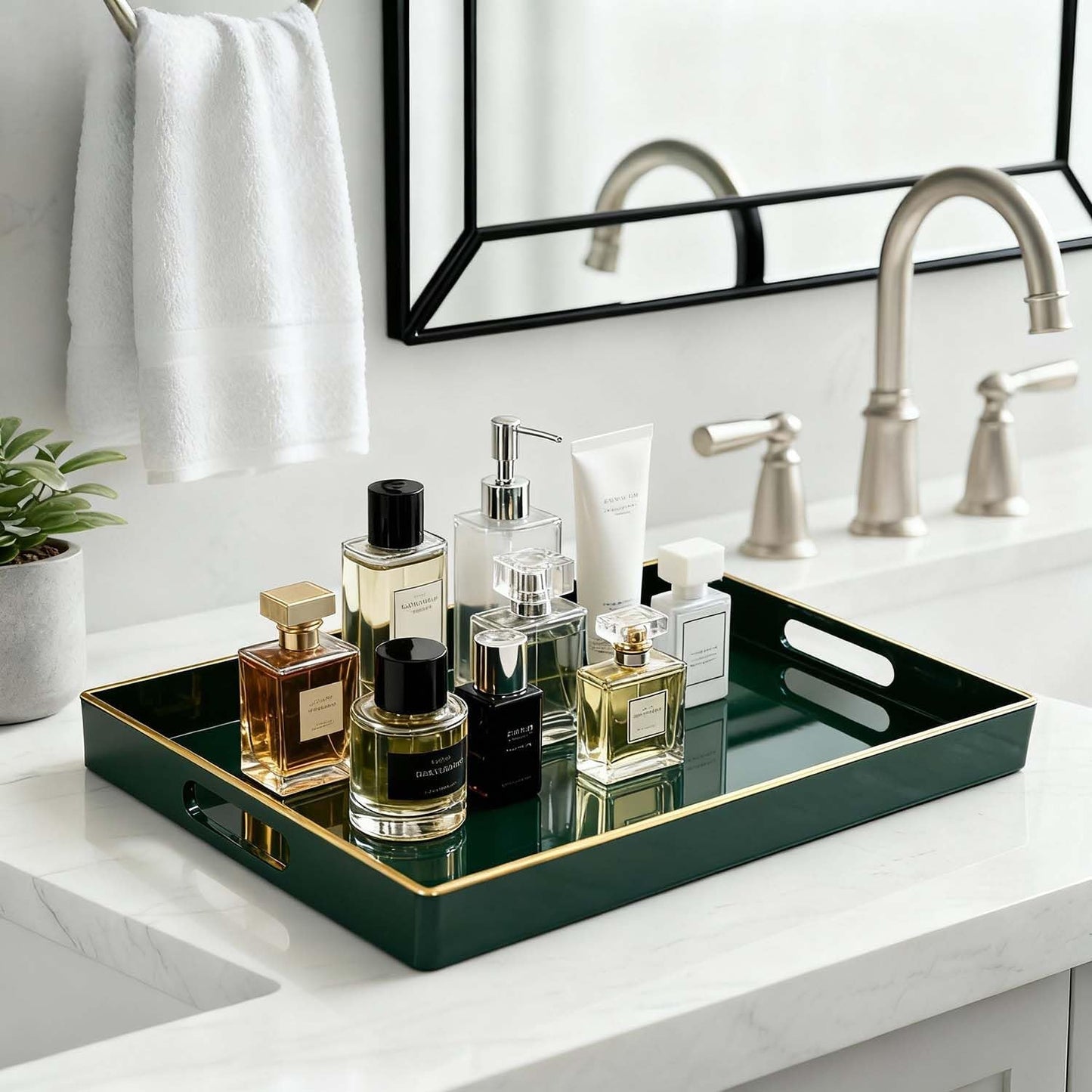 Zosenley Decorative Tray, Rectangular Plastic Tray with Handles, Modern Vanity Tray and Serving Tray for Bathroom, Kitchen, Ottoman and Coffee Table, 15.6” x 10.2” (Dark Green)