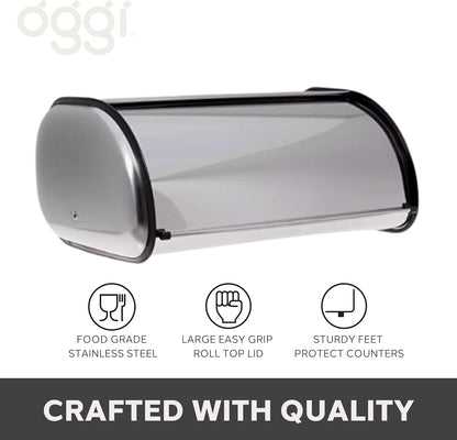 Oggi Stainless Steel Roll Top Bread Box for Kitchen Countertop with Stainless Steel Lid - Fits Multiple Large Loaves of Bread and Other Freshly Baked Goods Including Cookies, Bagels, Muffins