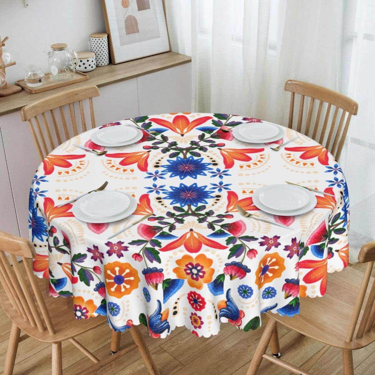 Mexican Round Tablecloth, Traditional Floral Tile Dia De Los Muertos Azulejo Mosaic Mexico Water Resisitant Table Cover for Dining Kitchen Living Room Home Party Holiday Decor 70 inch Round