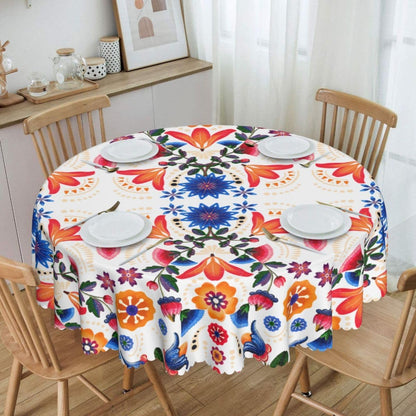 Mexican Round Tablecloth, Traditional Floral Tile Dia De Los Muertos Azulejo Mosaic Mexico Water Resisitant Table Cover for Dining Kitchen Living Room Home Party Holiday Decor 70 inch Round