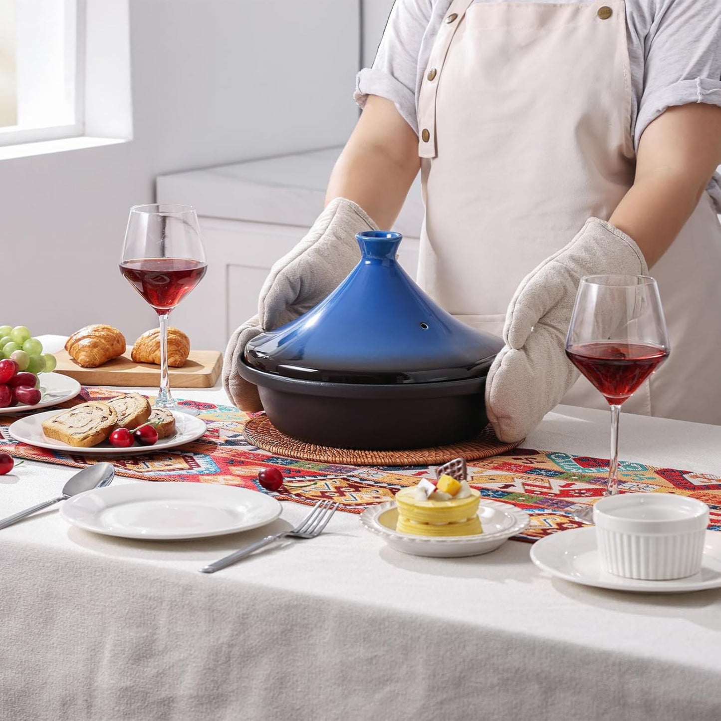 Moroccan Tagine for Cooking: Enameled Cast Iron Cooking Pot, Slow Cooker, Classic Kitchen Cookware, Tajine with Ceramic Cone-Shaped Closed Lid, 3.3 QT, Blue