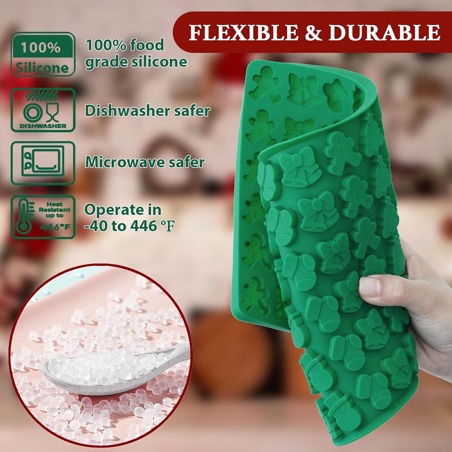 HKNMTT Mini Christmas Candy Molds, Silicone 72 Cavity Chocolate Mold, Tree Santa Snowman Stocking Bell Gingerbread Shape Gummy Making Set, Food Grade for Gifts Cookies Dog Treats