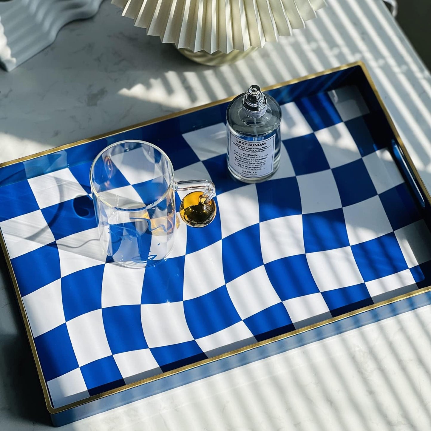 Zosenley Decorative Tray, Marbling Plastic Tray with Handles, Rectangular Vanity Tray and Serving Tray for Bathroom, Kitchen, Ottoman Tray and Coffee Table, 15.6" x 10.2" (Blue and White Checkered)