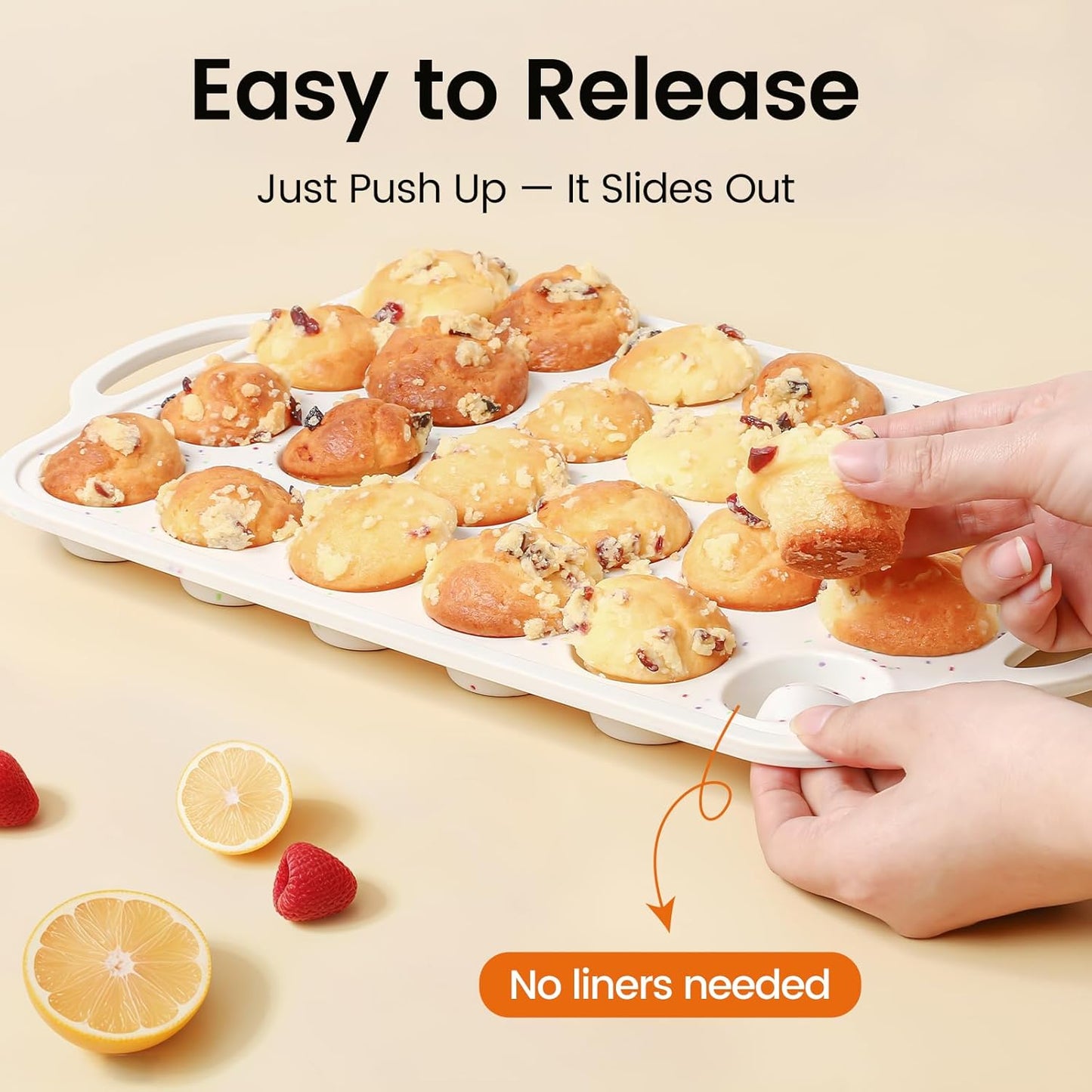 Silicone Muffin Pans With Metal Reinforced Frame - 24 Cups Durable Silicone Baking Pan for Muffins, Cupcakes, BPA Free and Dishwasher Safe - Beige with Rainbow Spots, Set of 2