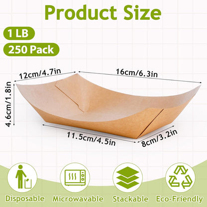 250 Pack Medium Paper Food Boats, 1lb Disposable Brown Kraft Paper Food Trays, Heavy Duty Serving Basket, Disposable Serving Boats for Party Snacks, Nachos, French Fries, Tacos, Popcorn