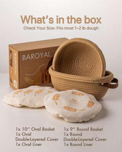 Crispier Crust Cotton Rope Banneton Bread Proofing Basket Set, Oval & Round Bread Baskets with Liners & Covers for Artisan Bread Baking, Sourdough Bread Baking Supplies(Gray)