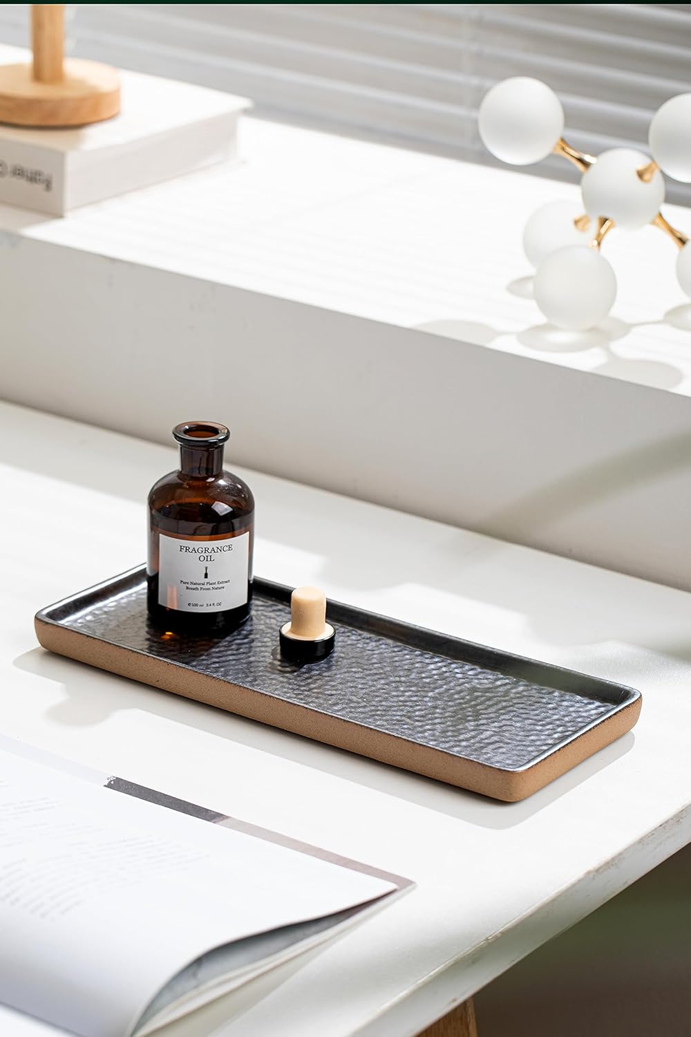 Vanity Tray with Brown Trim, Candle Tray, Bathroom Countertop Perfume Holder Organizer, Decorative for Dresser, Table, Countertop, Home décor, Rectangular, Black, 12''×4.7''