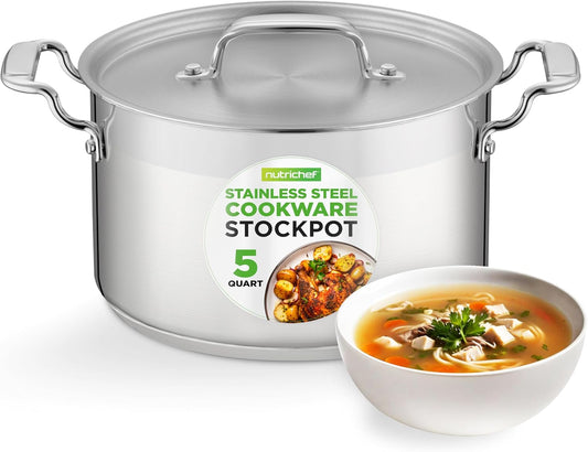 NutriChef 5-Quart Stainless Steel Stockpot with Lid- 18/8 Food Grade Heavy Duty Inox Large Stock Pot for Stew, Soup, Works w/ Induction