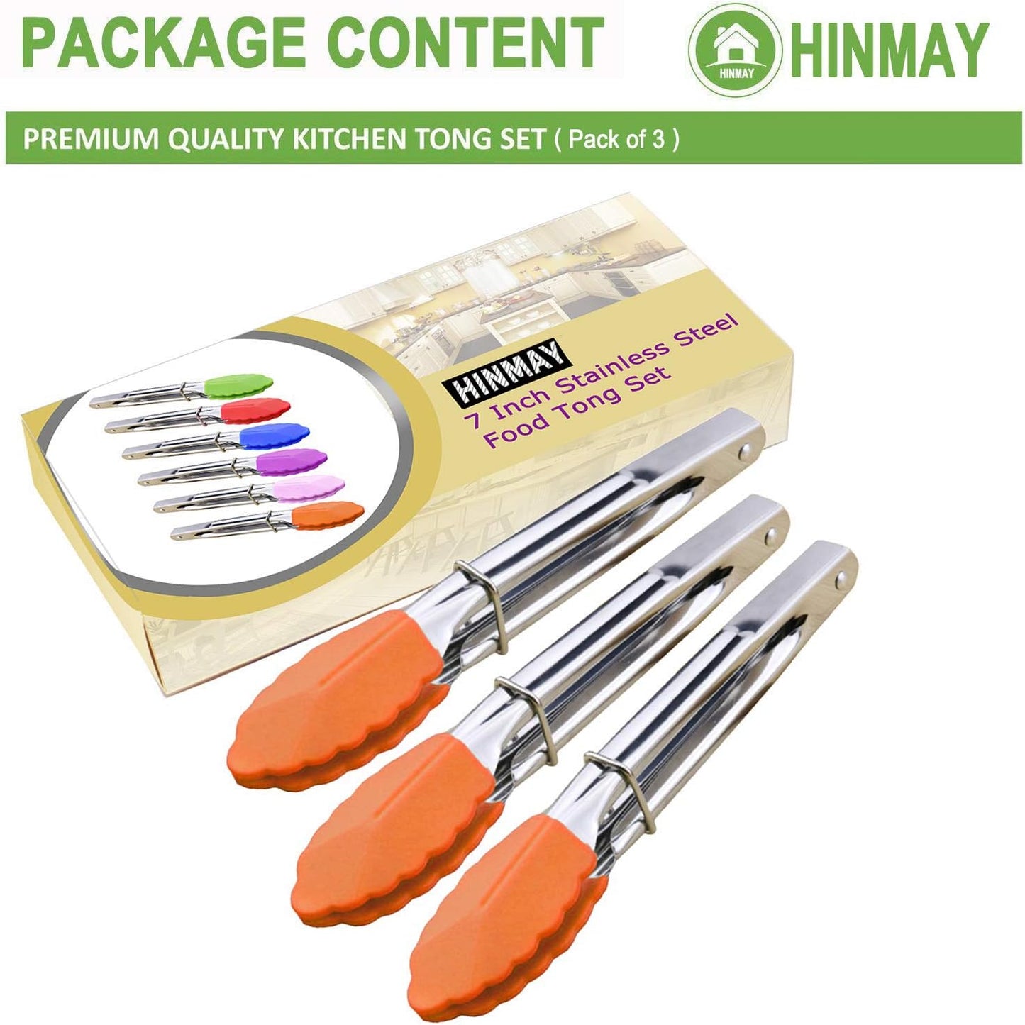 Appetizer Tongs 7-Inch Silicone Tipped Kitchen Tongs, Set of 3 (Orange)