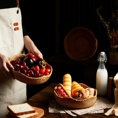 1.3 Pcs 10.2" Rattan Bread Baskets Wicker Fruit Food Storage Bowls Round Scalloped Natural Woven Decorative Serving Basket Tray for Kitchen Entryway Tabletop Counter Organizing