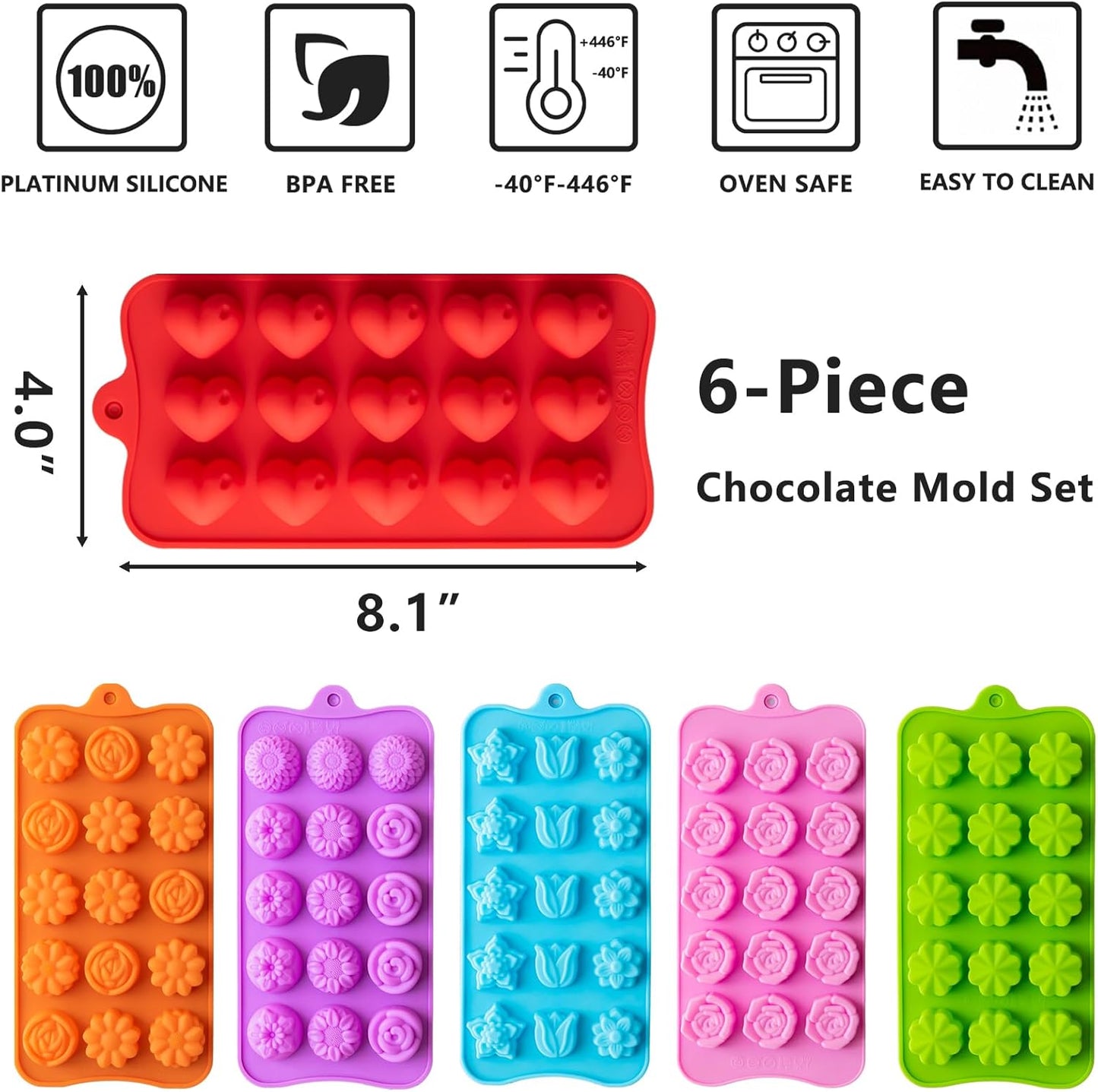 6 Pack Flower Shape Chocolate Candy Molds Silicone, Food-Grade Non-Stick Jello & Baking Molds, Crayon Molds, BPA-Free, Including Heart, Rose, Tulip, Daisy, Sunflower, and Other Flowers (Multicolor)