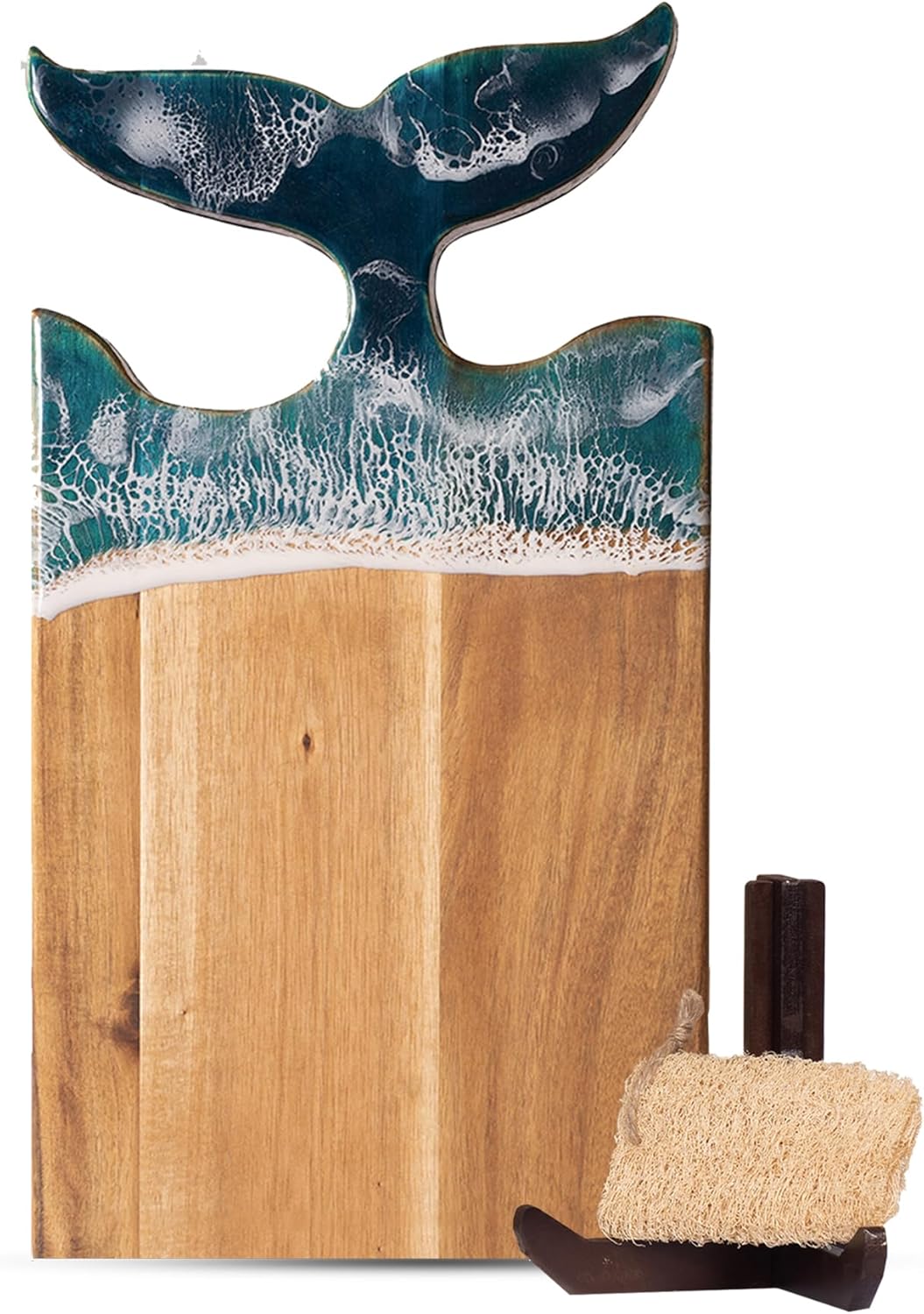 Whale Tail Ocean Serving Board with Resin Art, Large 18.1” x 9.8”, Perfect for Cheese, Charcuterie, Prep & Display – Includes Stand & Loofah, A Coastal Gift for Celebrations & Holidays