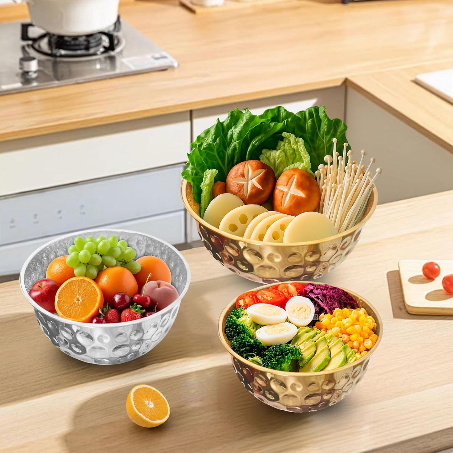 5-Piece Stainless Steel Mixing Bowls Set, Metal Hammered Gold Bowls for Kitchen, Cooking, Baking, Salad Prep, Food Storage, Reusable Nesting Design, 1.6-4.9 QT Capacity, Dishwasher Safe