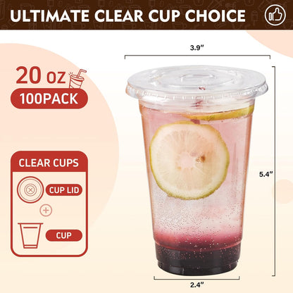 YEEHAW 20 oz. - 100 Pack Clear Plastic Cups With Lids, Disposable Iced Coffee Cups with Flat Lids, Crystal Smoothie Cup for Party, Lemonade Stand, Cold Drinks, Juice, Milkshake