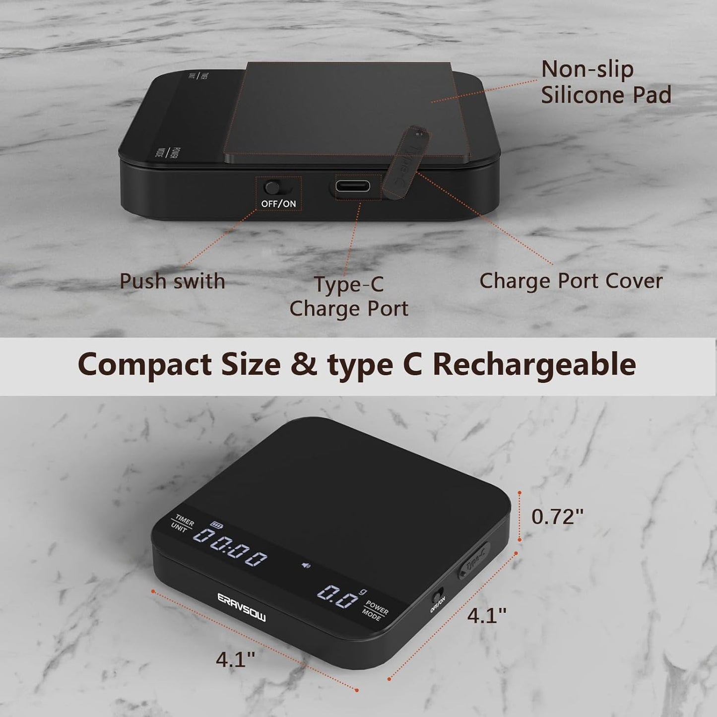Coffee Scale with Auto Timing, Mini Rechargeable Espresso Scale with Timer, 2kg/0.1g High Precision Scale for Espresso and Pour-Over Coffee with Brewing Assist Modes