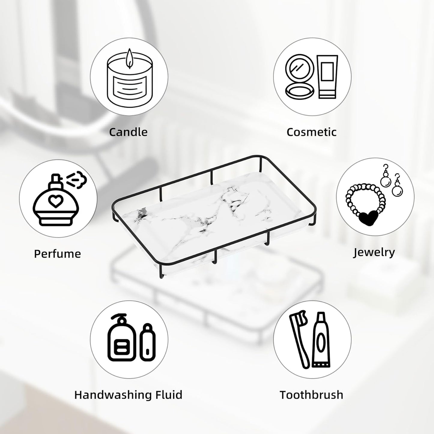 Vanity Tray Makeup Organizer Cosmetics Storage Bathroom Skincare Organizer Countertop Display Rack in Dresser Stainless Steel Shelf Marble Print Ceramic Trays