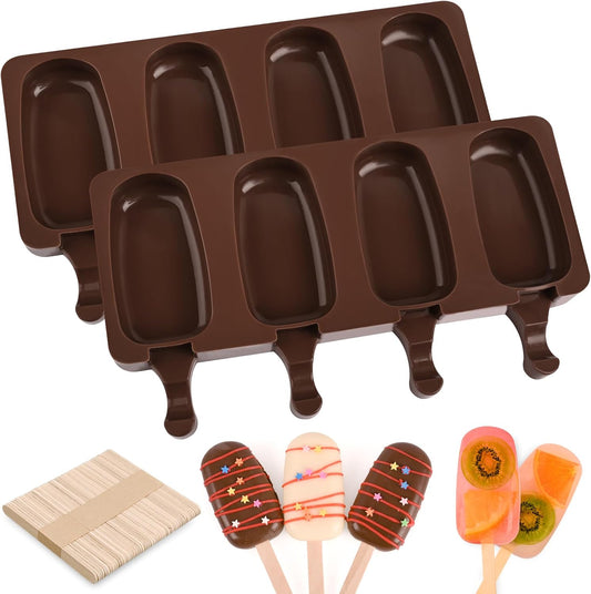 WMKGG Popsicle Silicone Molds Set, 2 PCS Ice Cream Molds with 50 Wooden Sticks for Cake Pop, Ice Pop, Cakesicles (Standard Size/Coffee)