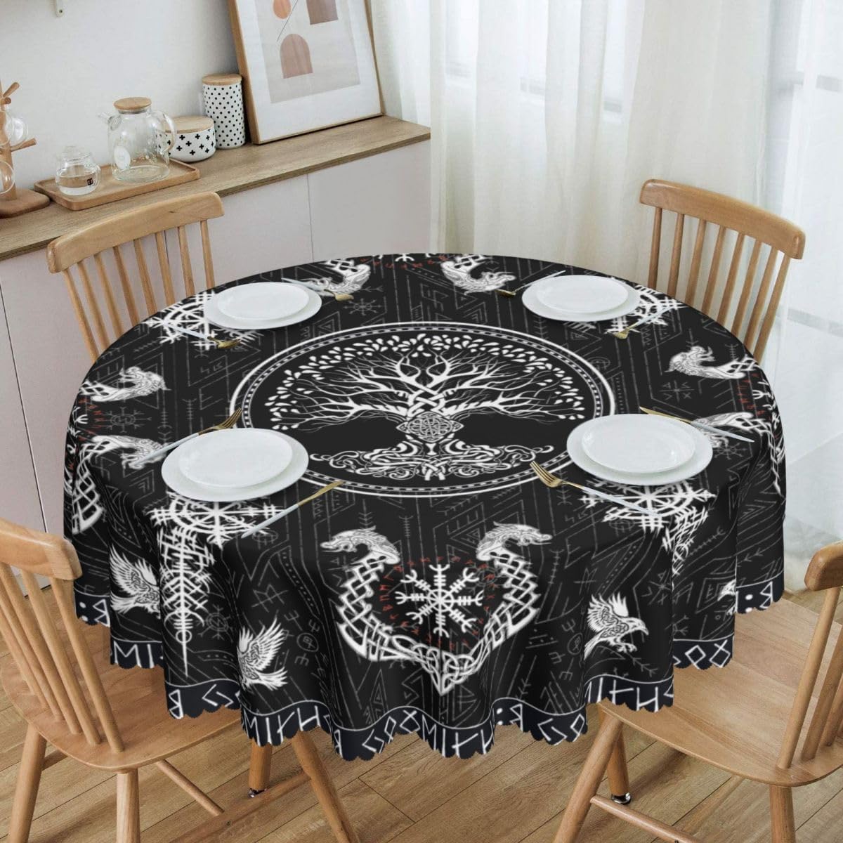 Norse Viking Tablecloth, Nordic Mythology Tree of Life Crow Ancient Mythical Viking Raven Print Water Resisitant Table Cover for Dining Kitchen Living Room Home Party Holiday Decor 60 inch Round