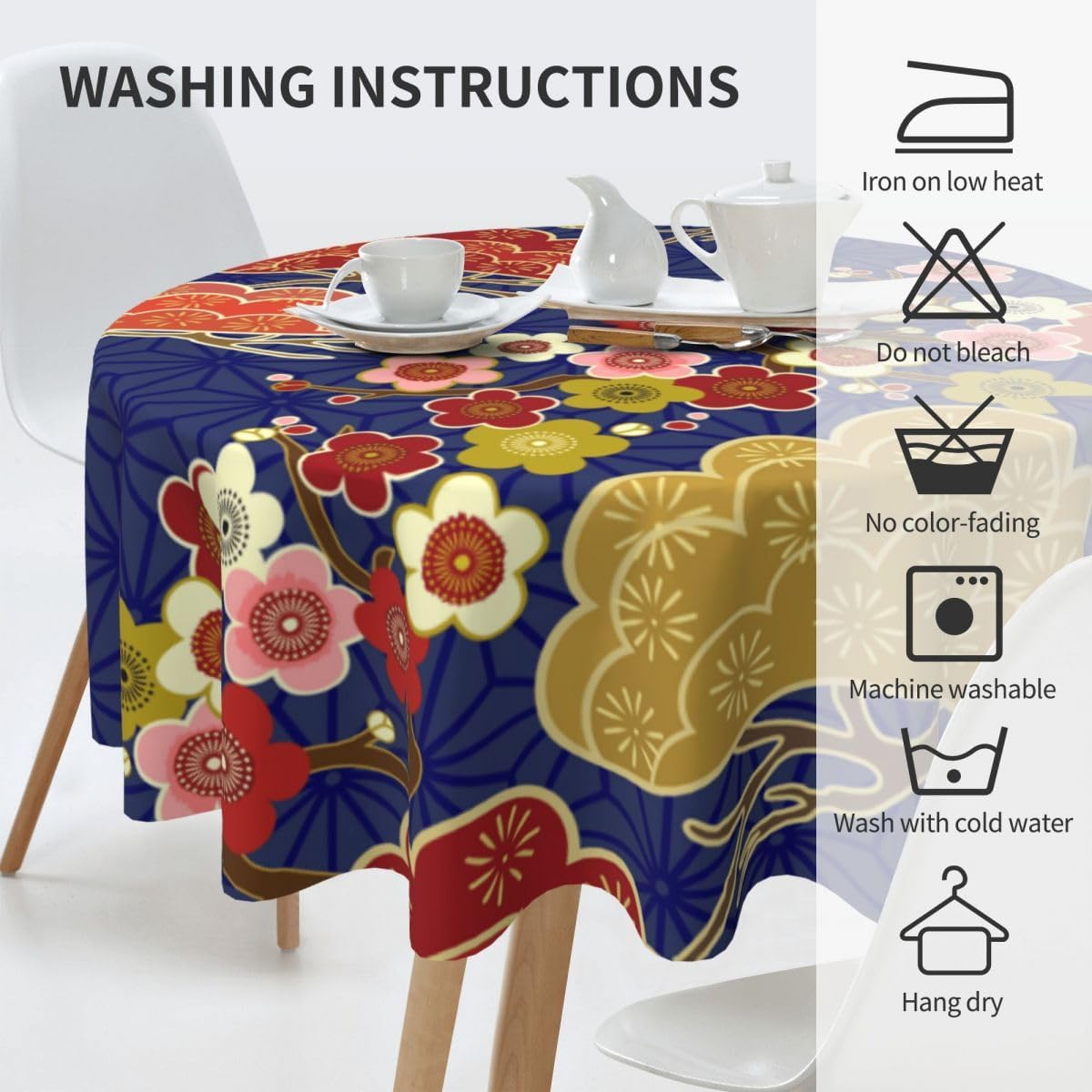 Cherry Blossom Tablecloth, Pink Floral Traditioanal Oriental Koi Vintage Asian Style Water Resisitant Wipeable Table Cover for Dining Kitchen Living Room Home Party Holiday Decor 60 inch Round