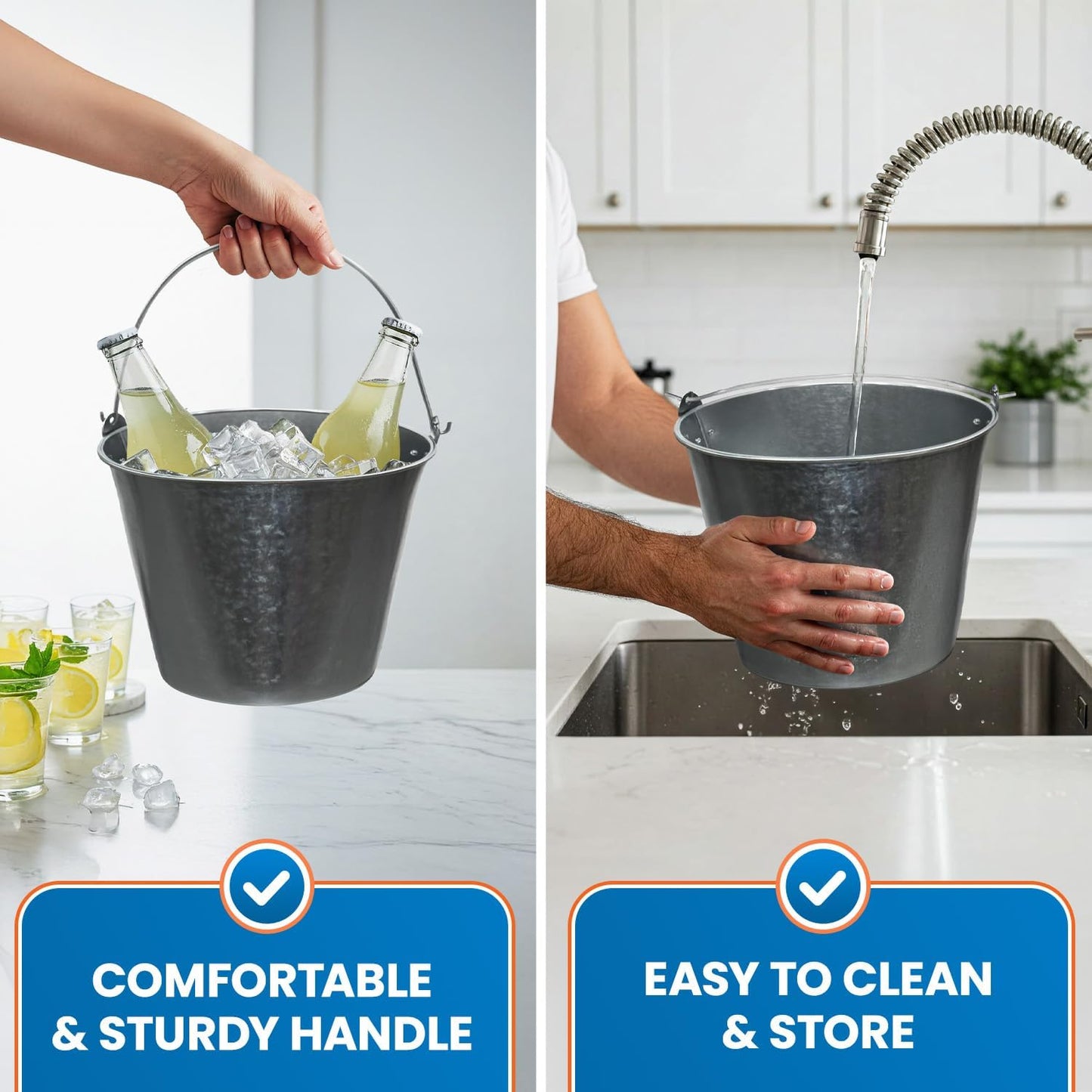 PLEXON Galvanized Metal Ice Bucket for Parties Coctail Bar Restaurant Set of 2 - Drink Beer Champagne Metal Pail Bucket with Handle, Beverage Chiller Cooler Small 1.3 Gallon