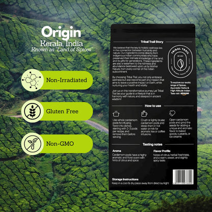 Tribal Trail Organic Green Cardamom Pods (8 mm Bold) | 4.02 oz | USDA Organic & Non-GMO | Ethically Sourced Spices from South India | Recyclable Kraft Bags | Best for Tea, Coffee & Baked Goods