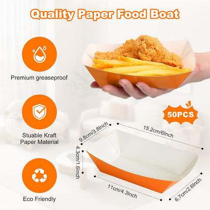 50 Pcs 2lb Paper Food Boat Trays Disposable，Snack Tray，Food Trays for Snack French Hot Dog Taco Popcorn Picnic party Wedding，Concession Stand Supplies (Orange)