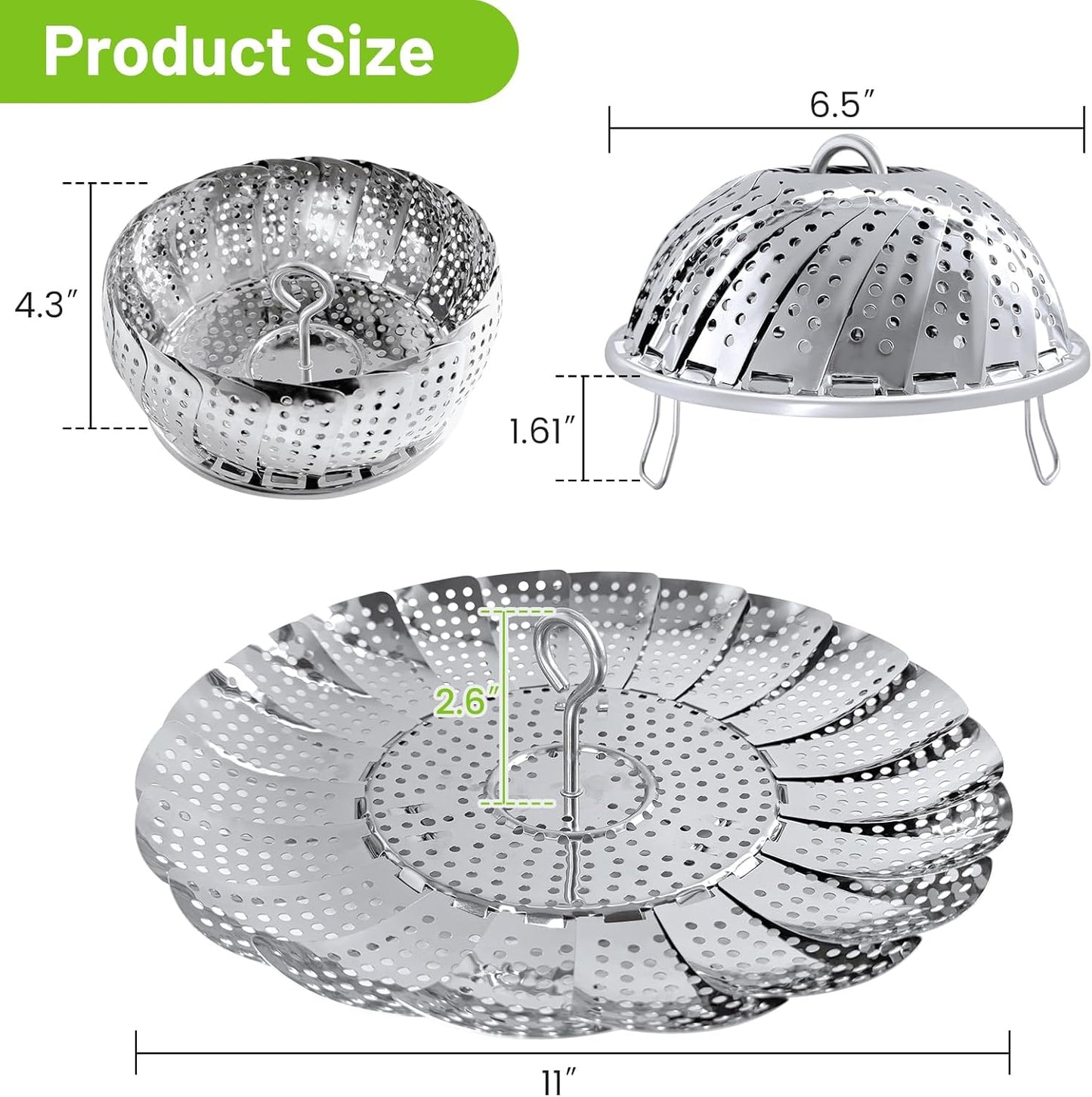 Vegetable Steamer Basket, Premium Stainless Steel Veggie Steamer Basket - Folding Expandable Steamers to Fits Various Size Pot (Extra Large (6.5" to 11"))