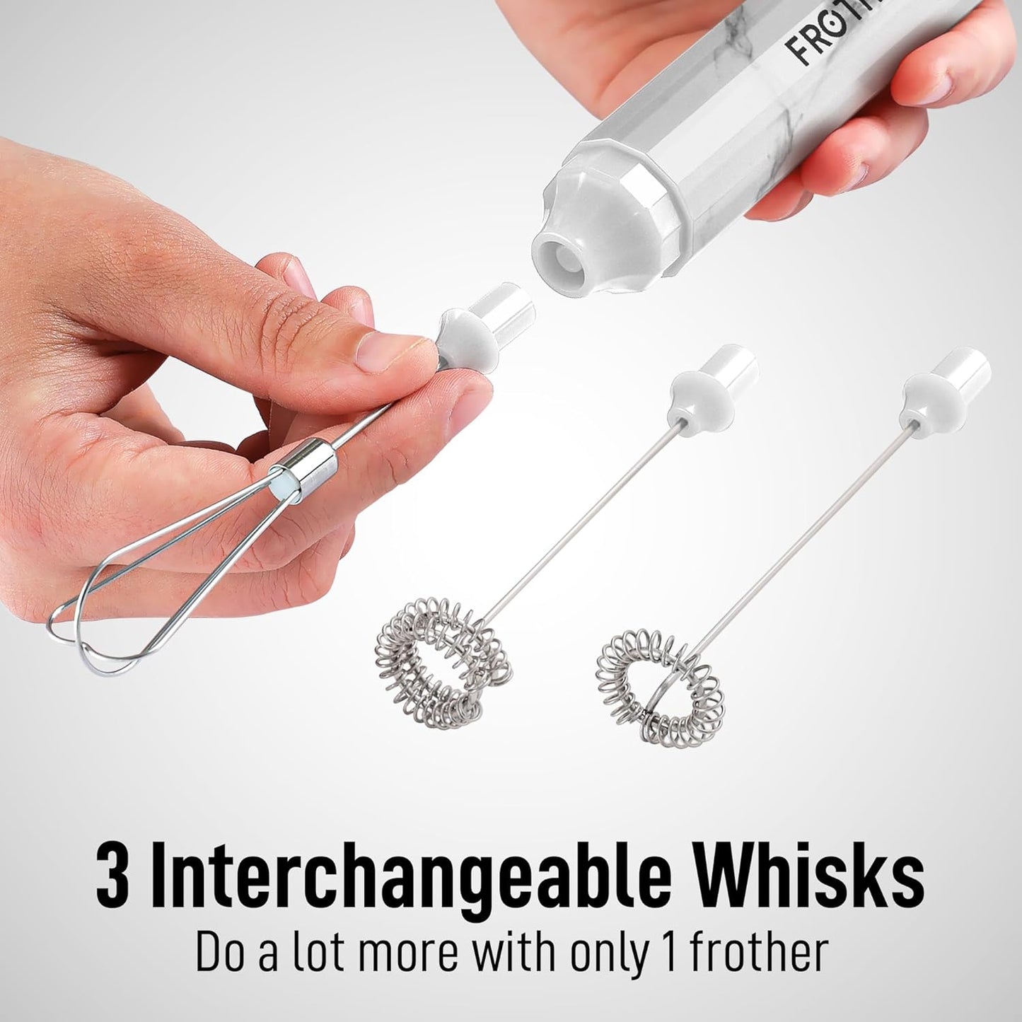 Zulay Froth N Go Milk Frother – Rechargeable 3-in-1 Handheld Frother Wand with Travel Case & USB-C Charger – Single, Double & Egg Whisk for Latte, Cappuccino, Matcha, Protein Shakes – White Marble