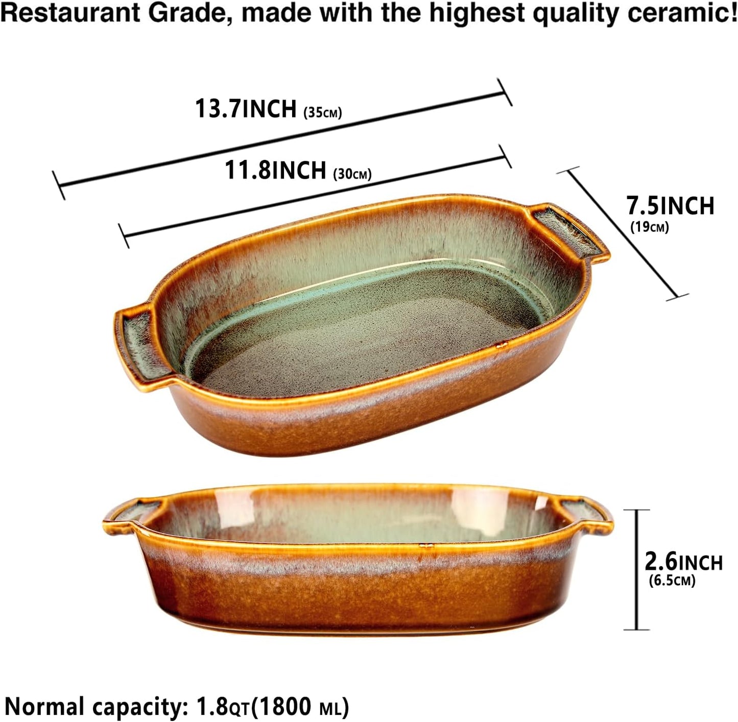 11"x7" Oval Casserole Dish, 1.8 Qt Ceramic Au gratin Baking Dish, Baking Pan with Handles or for mixing, salad, pasta plate, Best gift for those who love baking, Microwave, Oven safe