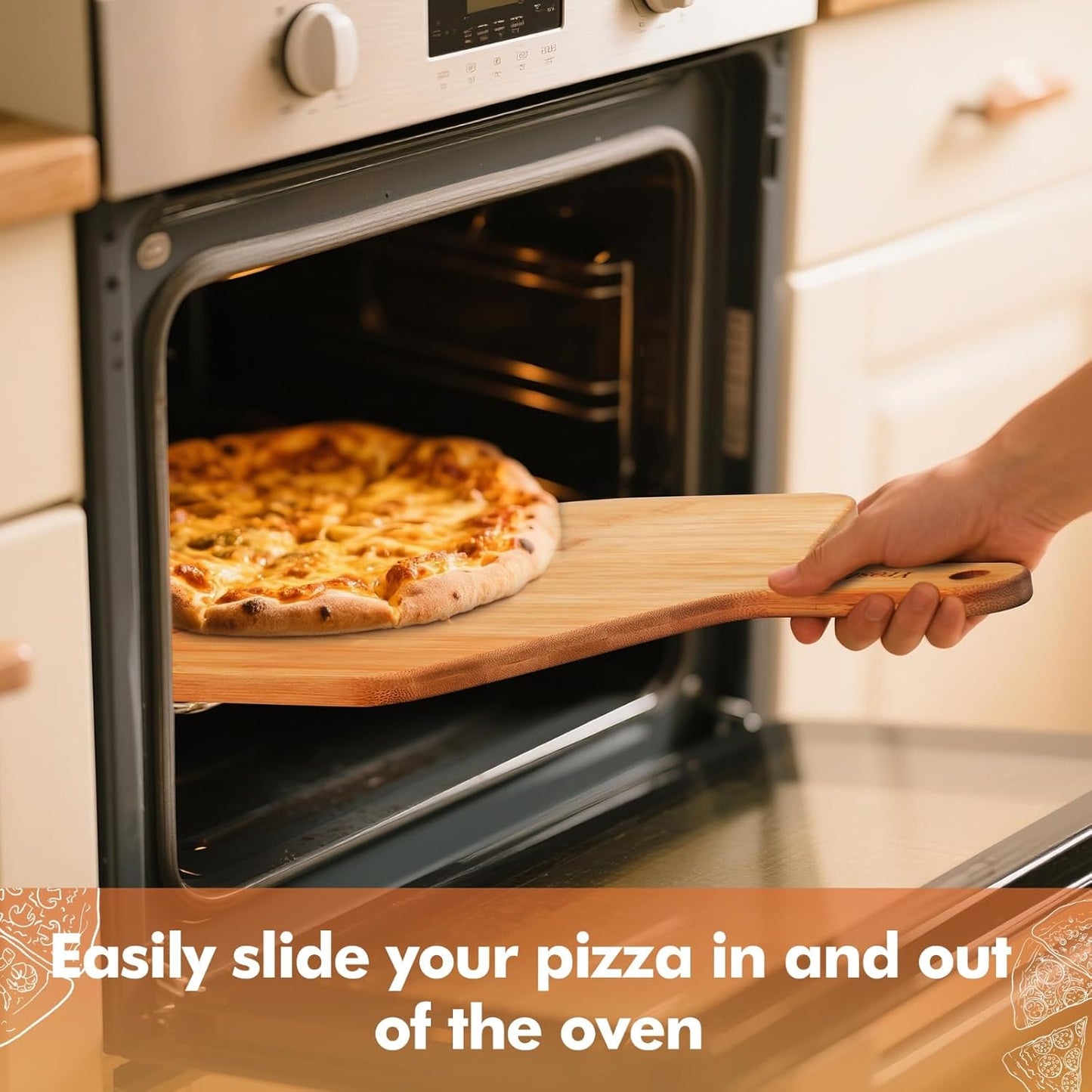 12 Inch Bamboo Pizza Peel Premium Wooden Pizza Board Paddle with Handle for Baking, Serving & Cutting– Use for Pizza, Bread, Pastries, Dough, Easy Grip