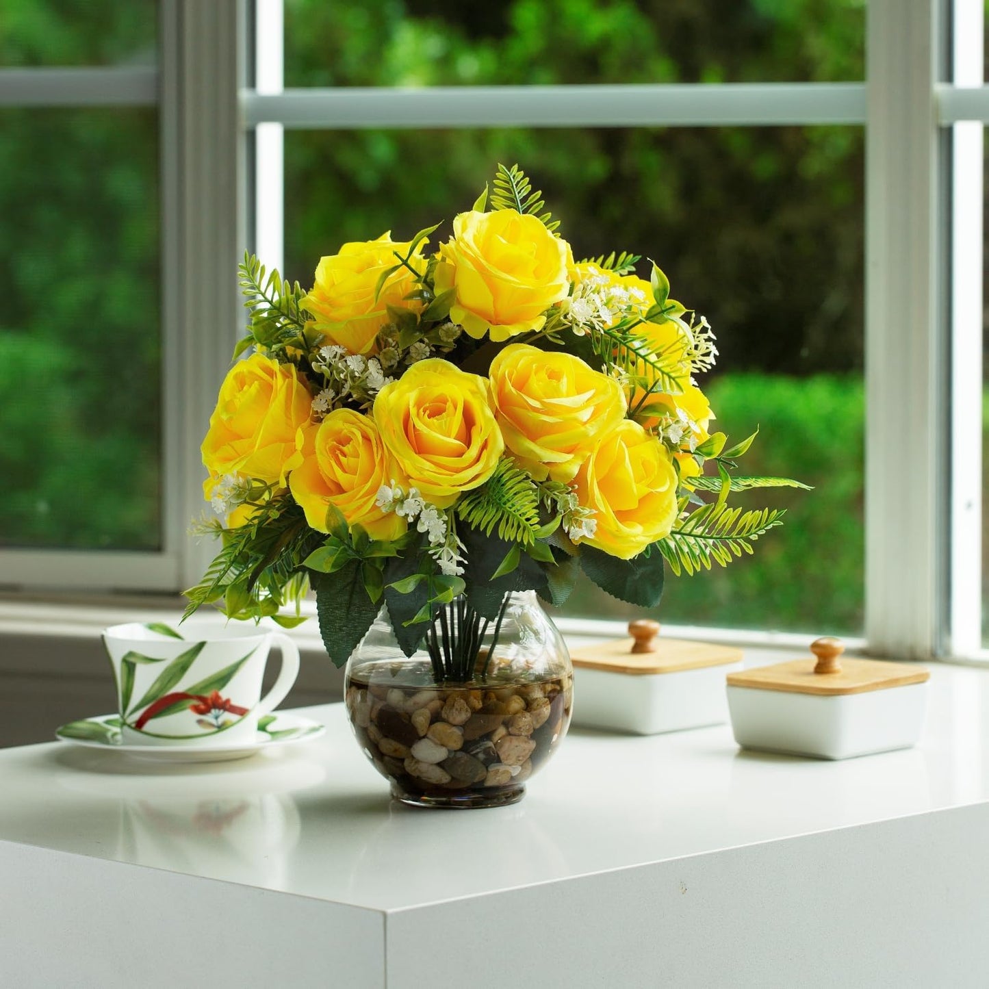 ENOVA FLORAL 18 Heads Silk Rose Artificial Flowers in Vase,Faux Rose Flowers Arrangement in Round Bowl Vase with Faux Water and River Rock for Table Decor Centerpieces (Yellow)